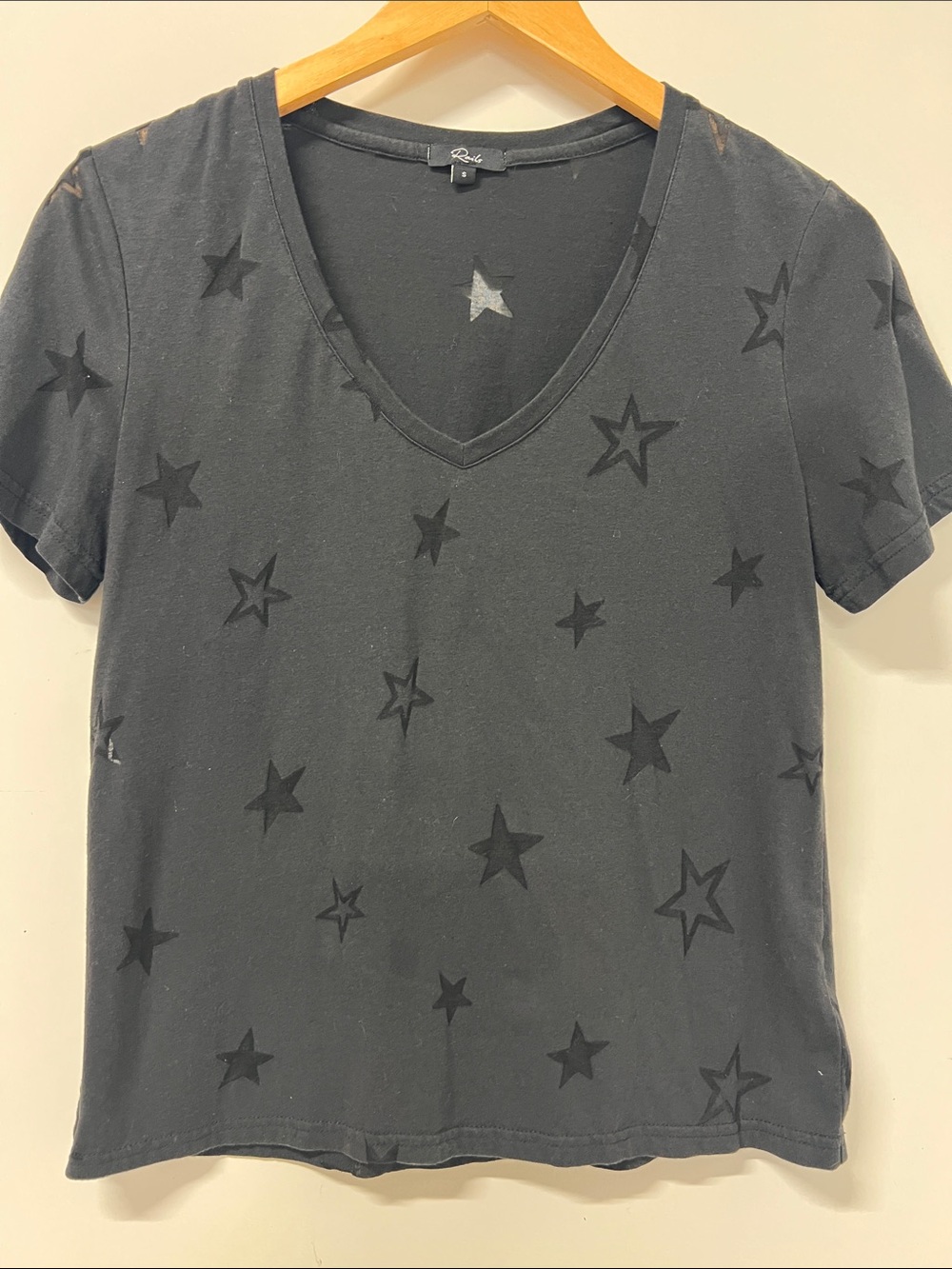 Rails, V Neck,Black on Black, Stars, Short Sleeve T Shirt, Small